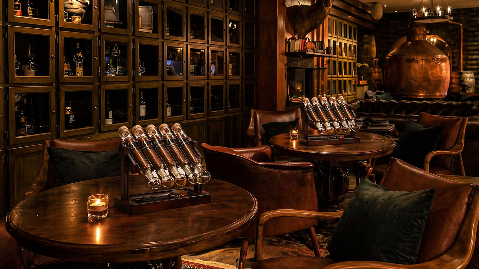 TiltVault Cigar Flavor Infuser Humidor: A Brilliant Way to Create Organized and Efficient Cigar Rituals 2 TiltVault Cigar flavor infuser tubes placed on wooden tables in a luxury cigar bar ambiance