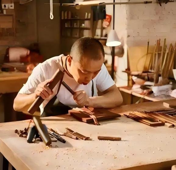 About us 1 Skilled craftsman using a mallet and chisel to hand-carve the rosewood base of a premium cigar flavor infuser stand