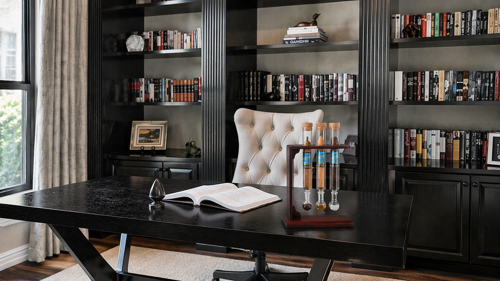 SikarInfuse Trinfuser Cigar Flavor Infuser Humidor Refines ACID Cigars into a Better Daily Smoke 2 Cigar flavor infuser displayed on a black office desk in a luxury study Cigar flavor infuser displayed on a black office desk in a luxury study